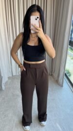 Acı Kahve Cırtlı Palazzo Pantolon - Görsel 3