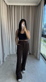 Acı Kahve Cırtlı Palazzo Pantolon - Görsel 6