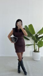 Andre Sırt Dekolteli Süet Mini Elbise - Kahverengi - Görsel 4