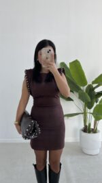 Andre Sırt Dekolteli Süet Mini Elbise - Kahverengi - Görsel 2