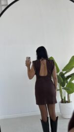 Andre Sırt Dekolteli Süet Mini Elbise - Kahverengi - Görsel 8