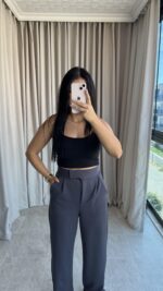 Antrasit Cırtlı Palazzo Pantolon - Görsel 2