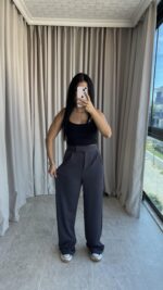 Antrasit Cırtlı Palazzo Pantolon - Görsel 3