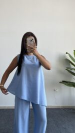 Asimetrik Kesim Bluz Pantolon Takım - Bebe Mavi - Görsel 3