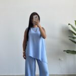Asimetrik Kesim Bluz Pantolon Takım - Bebe Mavi