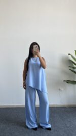 Asimetrik Kesim Bluz Pantolon Takım - Bebe Mavi