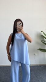 Asimetrik Kesim Bluz Pantolon Takım - Bebe Mavi - Görsel 4