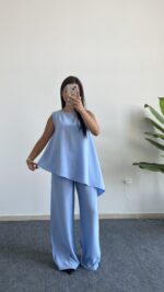 Asimetrik Kesim Bluz Pantolon Takım - Bebe Mavi - Görsel 6