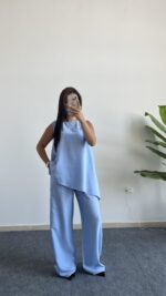 Asimetrik Kesim Bluz Pantolon Takım - Bebe Mavi - Görsel 2