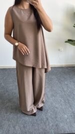 Asimetrik Kesim Bluz Pantolon Takım - Kahve - Görsel 6