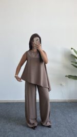 Asimetrik Kesim Bluz Pantolon Takım - Kahve - Görsel 2