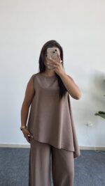Asimetrik Kesim Bluz Pantolon Takım - Kahve - Görsel 3