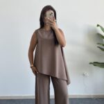 Asimetrik Kesim Bluz Pantolon Takım - Kahve