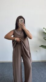 Asimetrik Kesim Bluz Pantolon Takım - Kahve - Görsel 4