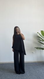 Asimetrik Kesim Bluz Pantolon Takım - Siyah - Görsel 4