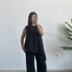 Asimetrik Kesim Bluz Pantolon Takım - Siyah