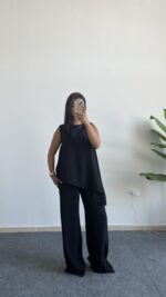 Asimetrik Kesim Bluz Pantolon Takım - Siyah