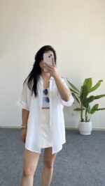 Linda Asimetrik Kesim Keten Gömlek - Beyaz - Görsel 3