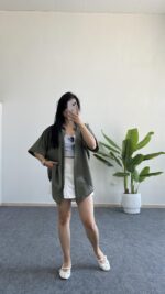 Linda Asimetrik Kesim Keten Gömlek - Haki - Görsel 4