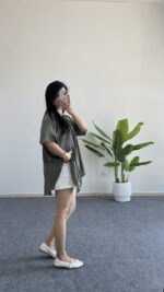 Linda Asimetrik Kesim Keten Gömlek - Haki - Görsel 5