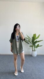 Linda Asimetrik Kesim Keten Gömlek - Haki