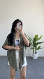 Linda Asimetrik Kesim Keten Gömlek - Haki - Görsel 2