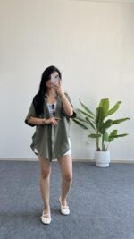 Linda Asimetrik Kesim Keten Gömlek - Haki - Görsel 3