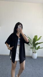 Linda Asimetrik Kesim Keten Gömlek - Siyah - Görsel 2