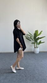 Linda Asimetrik Kesim Keten Gömlek - Siyah - Görsel 4