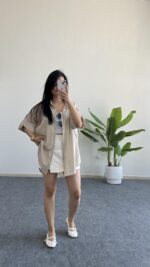 Linda Asimetrik Kesim Keten Gömlek  - Taş - Görsel 3