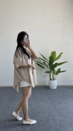 Linda Asimetrik Kesim Keten Gömlek  - Taş - Görsel 4