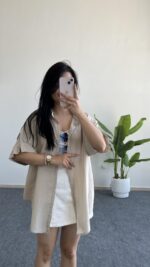 Linda Asimetrik Kesim Keten Gömlek  - Taş - Görsel 2