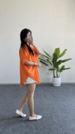 Linda Asimetrik Kesim Keten Gömlek - Turuncu - Görsel 3