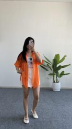 Linda Asimetrik Kesim Keten Gömlek - Turuncu - Görsel 4