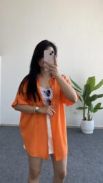 Linda Asimetrik Kesim Keten Gömlek - Turuncu - Görsel 2