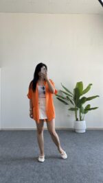 Linda Asimetrik Kesim Keten Gömlek - Turuncu