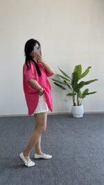 Linda Asimetrik Kesim Pembe Keten Gömlek - Görsel 3