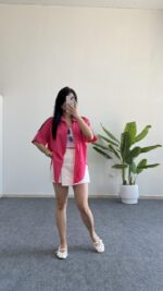 Linda Asimetrik Kesim Pembe Keten Gömlek