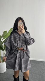 Avora Kemer Detaylı Oversize Gömlek Elbise - Kahve - Görsel 2