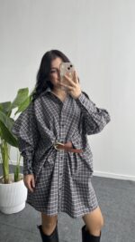 Avora Kemer Detaylı Oversize Gömlek Elbise - Kahve - Görsel 3