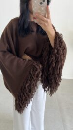 Berlodo Geniş Kol Püsküllü Crop Bluz - Kahve - Görsel 4