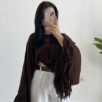 Berlodo Geniş Kol Püsküllü Crop Bluz - Kahve