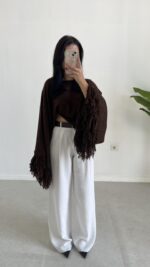 Berlodo Geniş Kol Püsküllü Crop Bluz - Kahve - Görsel 5