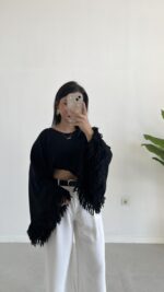 Berlodo Geniş Kol Püsküllü Crop Bluz - Siyah - Görsel 4
