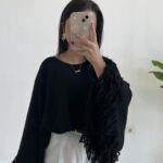 Berlodo Geniş Kol Püsküllü Crop Bluz - Siyah