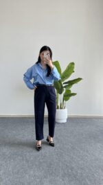 Betty Beli Lastikli Crep Pantolon -Lacivert - Görsel 4