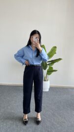 Betty Beli Lastikli Crep Pantolon -Lacivert - Görsel 3