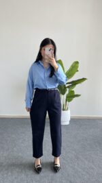 Betty Beli Lastikli Crep Pantolon -Lacivert - Görsel 2