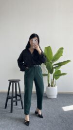 Betty Beli Lastikli Crep Pantolon -Yeşil - Görsel 2