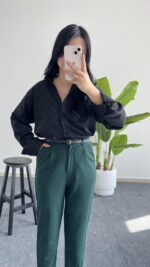 Betty Beli Lastikli Crep Pantolon -Yeşil - Görsel 3